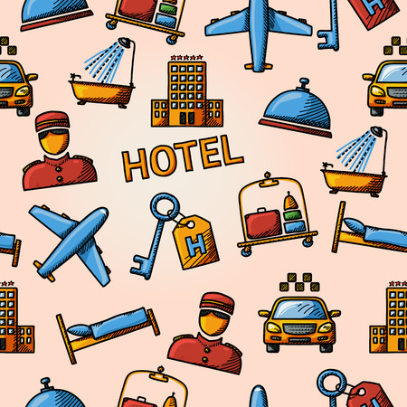 ホテルとサービス白黒手書きアイコン セットとホテルの建物 サービス ベル ベッド 荷物 ポーター 部屋の鍵 タクシー 飛行機 シャワー付きのバスルーム のイラスト素材 ベクタ Image