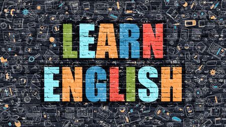 多色のコンセプト 落書きアイコンで暗いレンガの壁に英語を学ぶ 落書きスタイルでモダンなイラスト 英語のビジネス コンセプトをご覧ください 暗い壁に 英語を学ぶ の写真素材 画像素材 Image