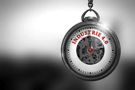 Business concept: industrie 4.0 on vintage pocket watch face with close view of watch mechanism. vintage effect. industrie 4.0 close up of red text on the vintage pocket clock face. 3d rendering.