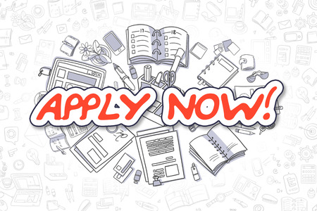 今 ビジネス落書きを手描きビジネス イラストを適用されます 赤色のテキスト 申し込み 事業コンセプトの漫画します の写真素材 画像素材 Image