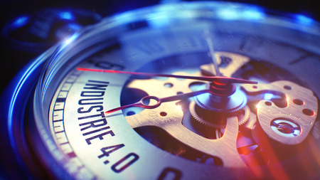 Industrie 40. on watch face with close view of watch mechanism. time concept. vintage effect. pocket watch face with industrie 4.0 inscription on it. business concept with light leaks effect. 3d.