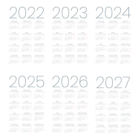 Simple english calendar 2022 2027 on white background vector illustration