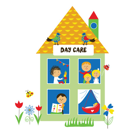 Day care or kindergarten illustration with kids - vector graphic