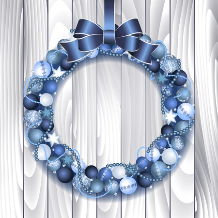christmas wreath decoration from blue and silver christmas balls with blue bow knot vector illustration - Blue Christmas Wreath christmas wreath decoration from blue and silver christmas balls with blue bow knot vector illustration - Blue Christmas Wreath