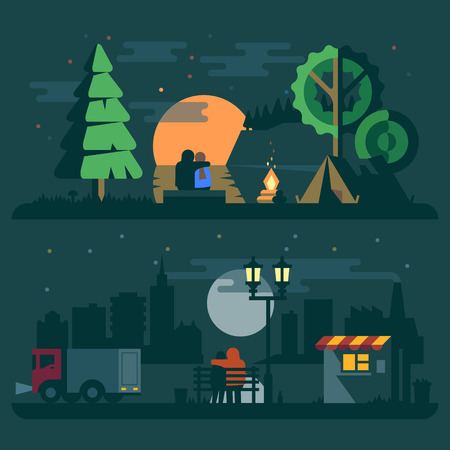 Sunset landscape vector: phong cảnh lãng mạn với một cặp vợ chồng trong tình yêu. hoàng hôn sông lều cháy rừng và xe tải thành phố đèn lồng. Vector hình minh họa phẳng