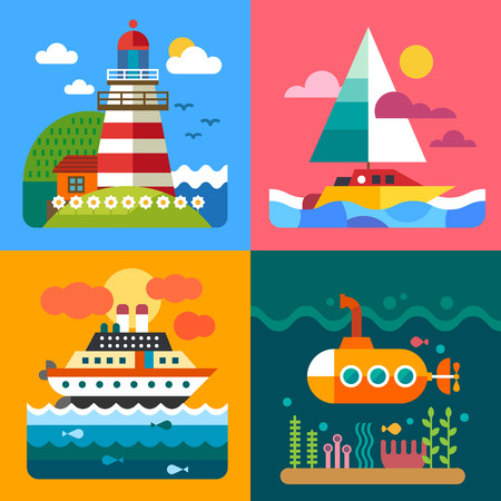 Sunset landscape vector: Cảnh quan khác nhau biển: tàu đảo hải đăng và thế giới dưới nước. Vector hình minh họa phẳng Hình minh hoạ