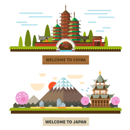Sunset landscape vector: Chào mừng bạn đến Nhật Bản và Trung Quốc. Đền và núi Phú Sĩ cảnh quan. minh họa vector phẳng