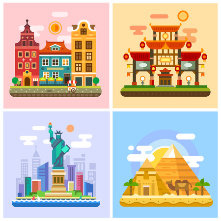 Traveling to capitals of various countries. Parts of the world: Europe, Asia, America, Africa. Japan Sunset, deserts of Egypt, Statue of Liberty in New York landscapes. Vector flat illustrations
