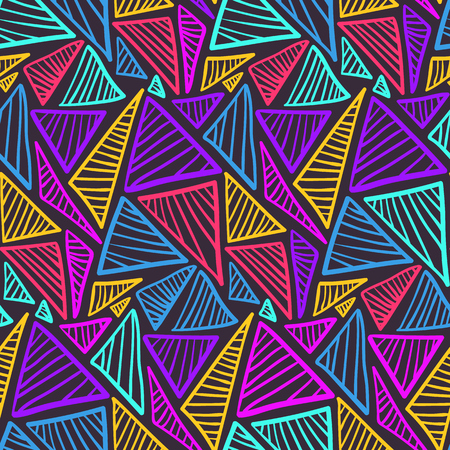 暗い背景に明るいネオンカラーの傷の三角形と落書きシームレスなパターン テキスタイル 包装紙 表面 壁紙のための手描きの形状を持つ抽象的なファッショントレンディなベクトルテクスチャ のイラスト素材 ベクタ Image 暗い背景に明るいネオンカラーの傷の三角形と落書きシームレスなパターン テキスタイル 包装紙 表面 壁紙のための手描きの形状を持つ抽象的なファッショントレンディなベクトルテクスチャ のイラスト素材 ベクタ Image