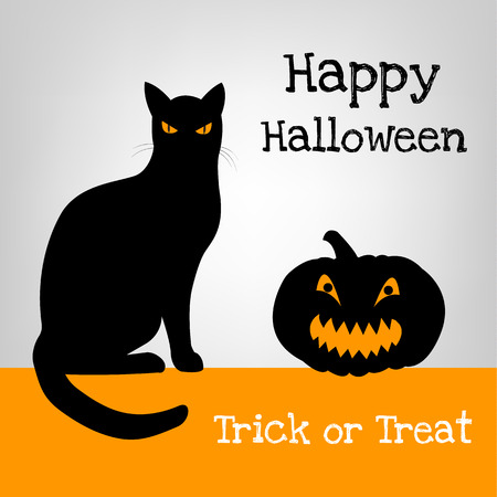Halloween card with black cat and pumpkin