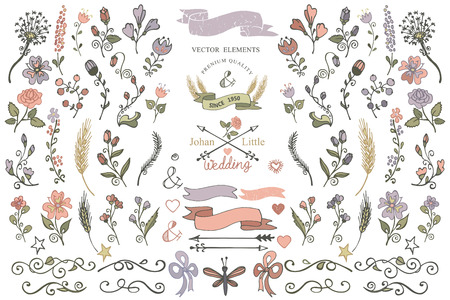 Colored Doodles Flowerbrunshesarrowribbondecor Elements Set For Hand Sketched Colored Doodles Flowerbrunshesarrowribbondecor Elements Set For Hand Sketched