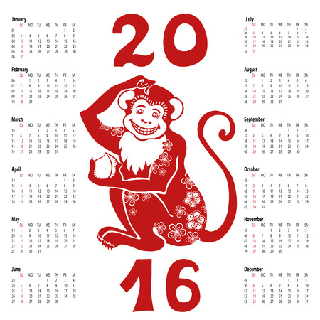 レッド モンキー 中国の黄道帯 16 年記号 アイコン 分離の形状 ロゴの翻訳のシンボルです 桃を持って花飾りと猿します 新年休日のベクトルの背景 カード のイラスト素材 ベクタ Image