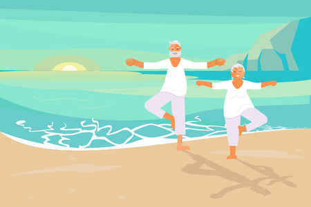 Dream scene with elderly people doing yoga at dawn on the sea coast beach. retired senior man and woman have relax. flat art vector illustration
