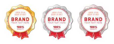 Set of gold silver and platinum badges with red ribbons Stock Photo