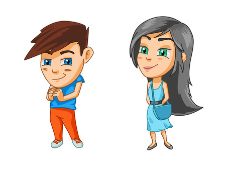 Girl and boy cleverly smiling, cartoon stickers with emotions - 96359595