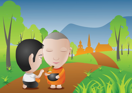 僧侶からの食べ物の提供を受け入れる少年や好意として尋ねる食べ物を受け取るか アルム 僧侶のルーチン ベクトルイラストを求める のイラスト素材 ベクタ Image