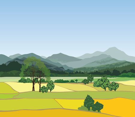 Sunset landscape vector: cảnh quan nông thôn với những ngọn núi. Vector khung cảnh thôn dã với rừng, lĩnh vực và đồi Hình minh hoạ