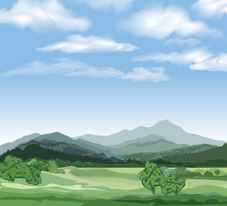 Sunset landscape vector: cảnh quan nông thôn với những ngọn núi. Vector khung cảnh thôn dã với rừng, lĩnh vực và đồi Hình minh hoạ