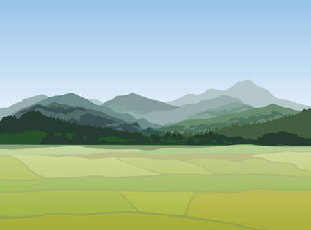 Sunset landscape vector: cảnh quan nông thôn với những ngọn núi. Vector khung cảnh thôn