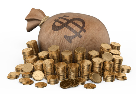 Bag of gold coins: 3d túi tiền và hàng đống tiền xu. Nền trắng bị cô lập.