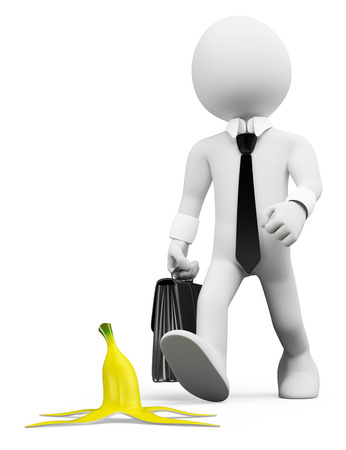 banana: người da trắng 3d. rủi ro nghề nghiệp khái niệm phòng ngừa. Man sắp bước vào một vỏ chuối. Isolated nền trắng. Kho ảnh