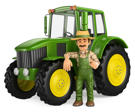 3d working people illustration. Farmer leaning on tractor with thumb up. Isolated white background. Фото со стока