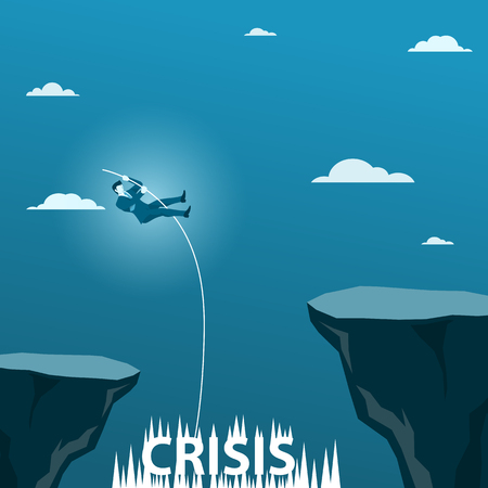 Businessman doing pole vaulting cross over the crisis valley. business concept vector. Stock Photo
