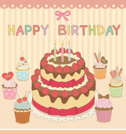 vector drawing cakecupcakes candles in the birthday party decoration