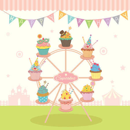 ベクトル ファンタジー カップケーキ デコレーション誕生日パーティー祭の観覧車に パステル カラーのピンク色とベーカリー カフェ ショップのかわいい スタイル のイラスト素材 ベクタ Image ベクトル ファンタジー カップケーキ デコレーション誕生日パーティー祭の観覧車に パステル カラーのピンク色とベーカリー カフェ ショップのかわいい スタイル のイラスト素材 ベクタ Image