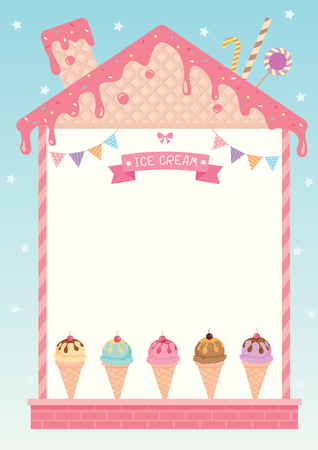アイス クリーム メニューはピンクいちごウエハースと青の背景にトッピングで甘い家カフェ デザインで装飾されています のイラスト素材 ベクタ Image アイス クリーム メニューはピンクいちごウエハースと青の背景にトッピングで甘い家カフェ デザインで装飾されています のイラスト素材 ベクタ Image