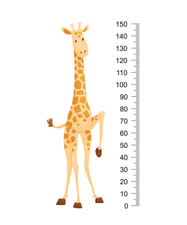 Grappige giraf. vrolijke grappige giraf met lange nek. giraffe meter muur of hoogtemeter of muursticker. illustratie met schaal van 2 tot 150 centimeter om groei te meten
