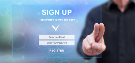 Man touching a signup concept on a touch screen with his fingers