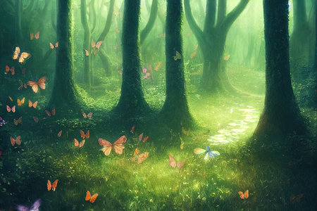 Fantasy world. enchanted forest with magic lights, beautiful butterflies