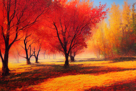 太陽の光と美しい秋の森の風景画の写真素材・画像素材 Image 48430385