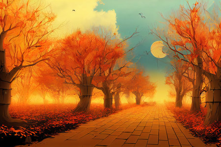 Digital art cartoon festive autumn decor from pumpkins on high quality 2d illustration.