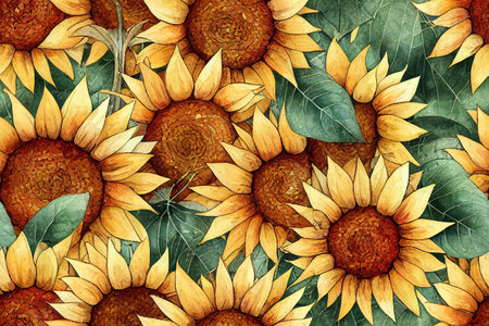 Autumn seamless background with sunflowers seeds and garden tools high quality 2d illustration.