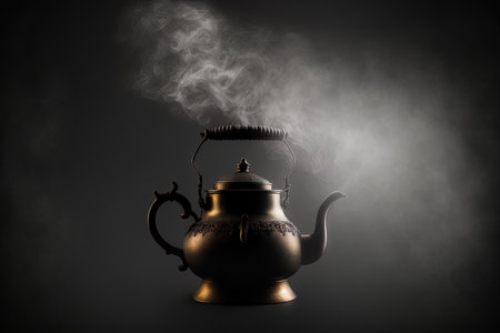 A black background with steam in a light beam from a boiling kettle