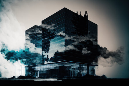 A corporate building and an abstract double exposure image of inks in water