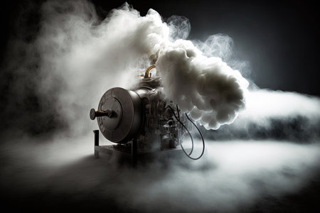Steam from an air saturator that sprays white vapors