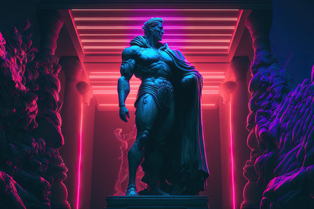 Cyberpunk background with a statue in neon