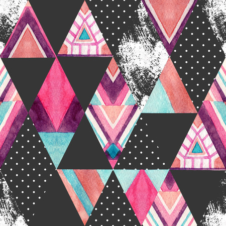 華やかなひし形で水彩のシームレスなパターン アステカと菱形と三角形の幾何学的図形の飾り グランジ テクスチャ水玉 手描きのパッチワーク スタイルで カラフルなイラスト の写真素材 画像素材 Image