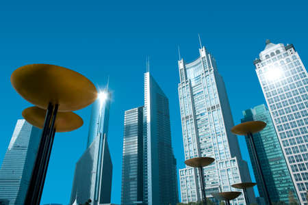 Skyline of office buildings at lujiazui financial district from central greenfield, pudong, shanghai, china, asia