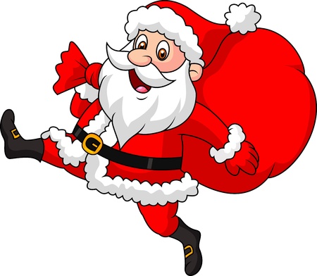 Santa claus cartoon running with the bag of the presents Vector Illustration