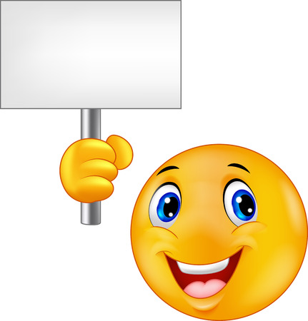Smiley emoticon cartoon holding a blank sign