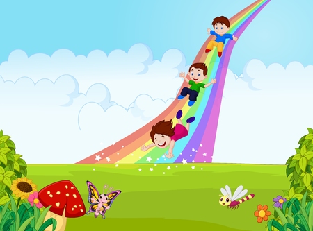 butterfly: Cartoon em bé đang chơi trượt cầu vồng trong rừng