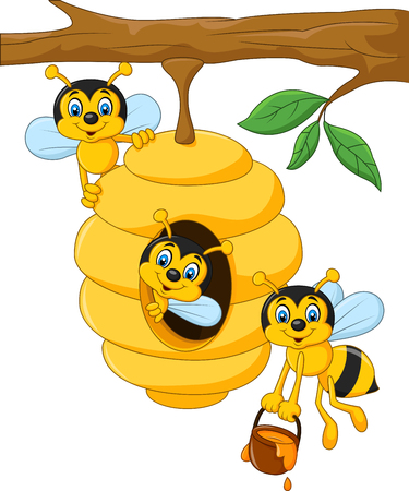 bee: Векторная иллюстрация Cartoon ветви дерева с улья и пчелы
