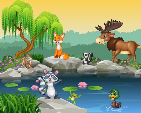 Vector illustration of Cartoon funny animal collection on the beautiful nature background