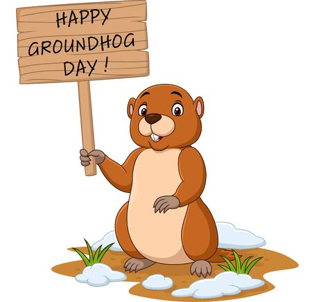 Vector illustration of happy groundhog day. funny groundhog holding wooden sign
