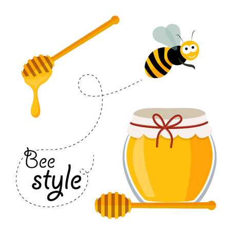 bee: Коллекция меда, связанных с графикой, состоящих из пчелы, мед ложкой и меда в стакане