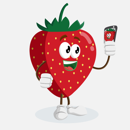 Strawberry mascot and background with selfie pose with flat design style for your mascot branding.